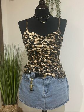 Cache Leopard-Print Ruched Cami Top in Gold and Black
